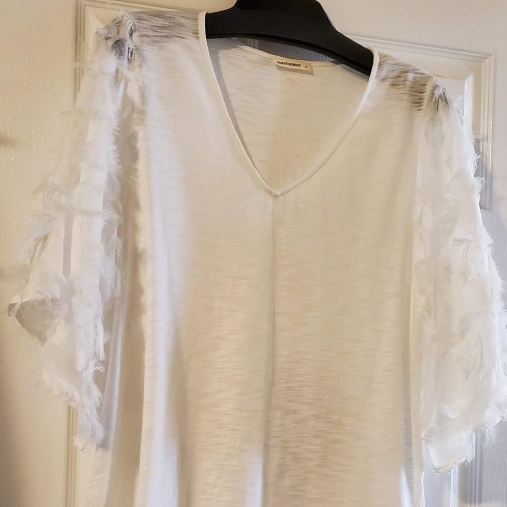 AndTheWhy White Top with Feathery Sleeves